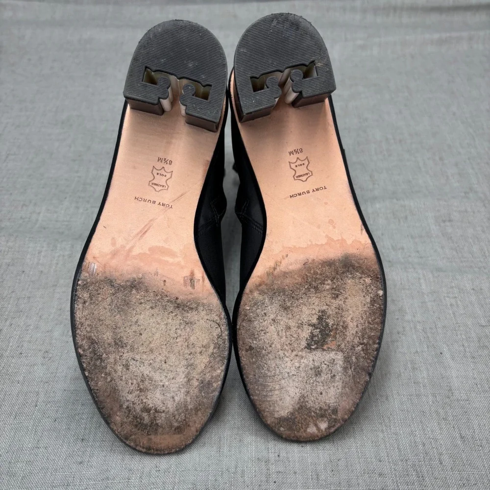 Tory Burch Brooke Stamped Heel Boots Black Leather Ankle Booties Women's‎ 8.5